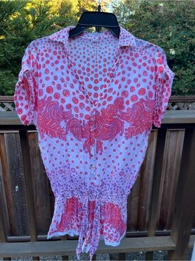 Poupette St. Barth Pink and White Tie-Front Printed Short Romper